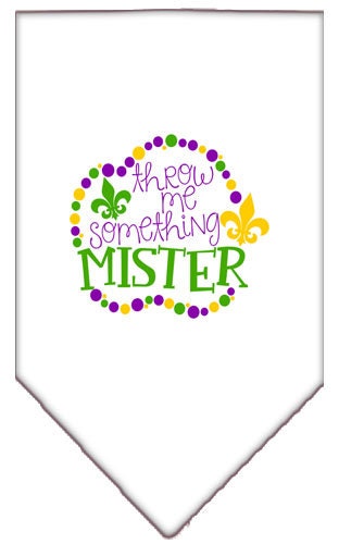 A stylish pet bandana featuring the phrase 'Throw Me Something Mister', designed for dogs of all sizes with a tie-on style.