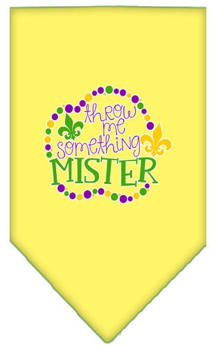 A stylish pet bandana featuring the phrase 'Throw Me Something Mister', designed for dogs of all sizes with a tie-on style.