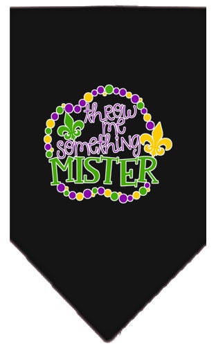 A stylish pet bandana featuring the phrase 'Throw Me Something Mister', designed for dogs of all sizes with a tie-on style.