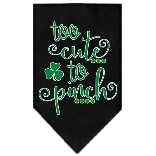 A stylish pet bandana featuring the phrase 'Too Cute To Pinch', designed for dogs in a vibrant color.