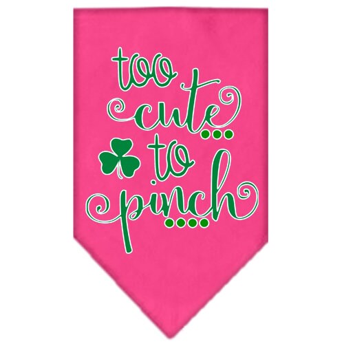 A stylish pet bandana featuring the phrase 'Too Cute To Pinch', designed for dogs in a vibrant color.