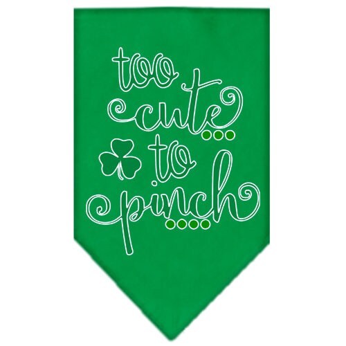 A stylish pet bandana featuring the phrase 'Too Cute To Pinch', designed for dogs in a vibrant color.