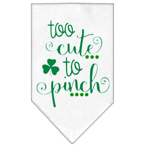 A stylish pet bandana featuring the phrase 'Too Cute To Pinch', designed for dogs in a vibrant color.