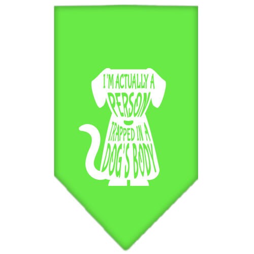 A stylish pet bandana featuring the phrase 'Trapped In A Dog's Body', designed for comfort and easy tie-on wear.