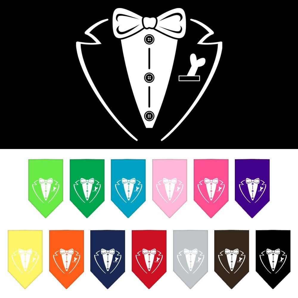 Stylish pet bandana featuring a tuxedo design, perfect for dogs of all sizes.