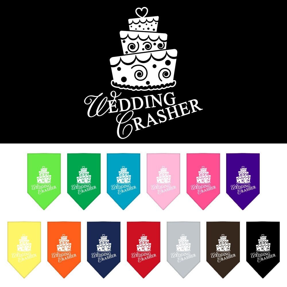 A stylish pet bandana featuring the 'Wedding Crasher' design, perfect for dogs attending weddings or parties.