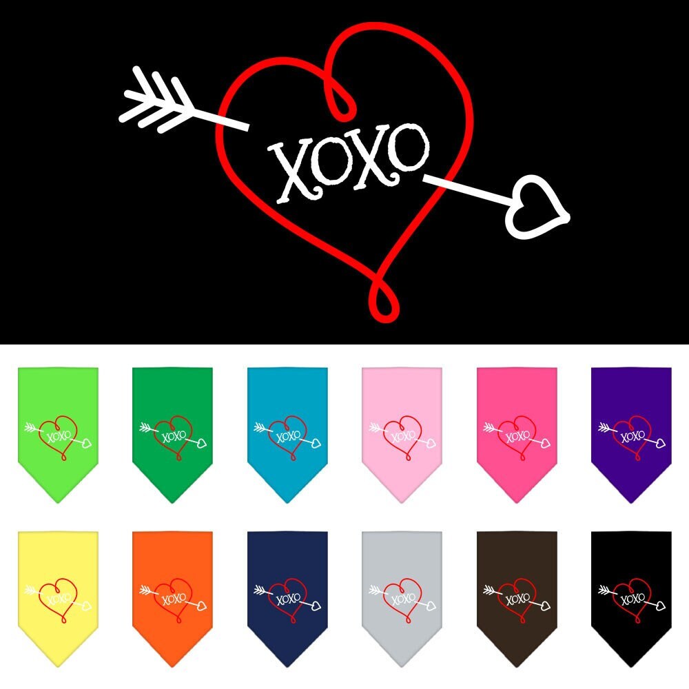 A stylish dog bandana featuring a screen printed 'XOXO' design, available in small and large sizes, perfect for pets.