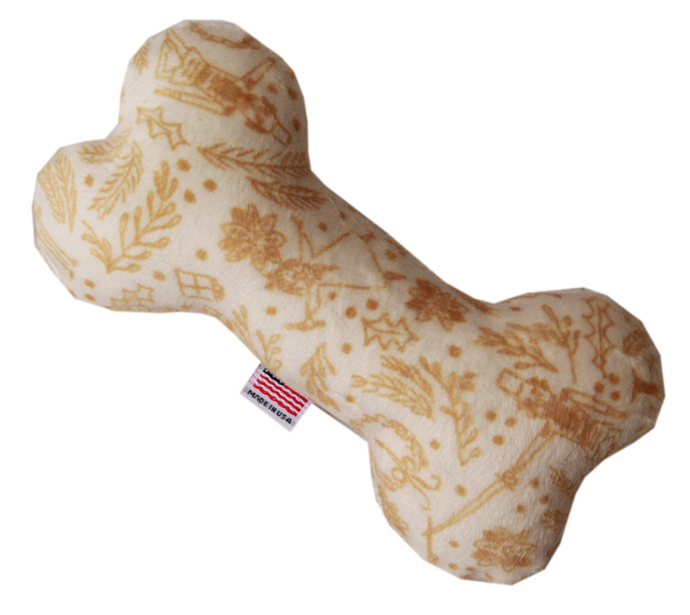 A soft and cuddly 6-inch plush bone toy for dogs, featuring festive patterns from the Happy Holidays Group, perfect for playtime and cuddling.