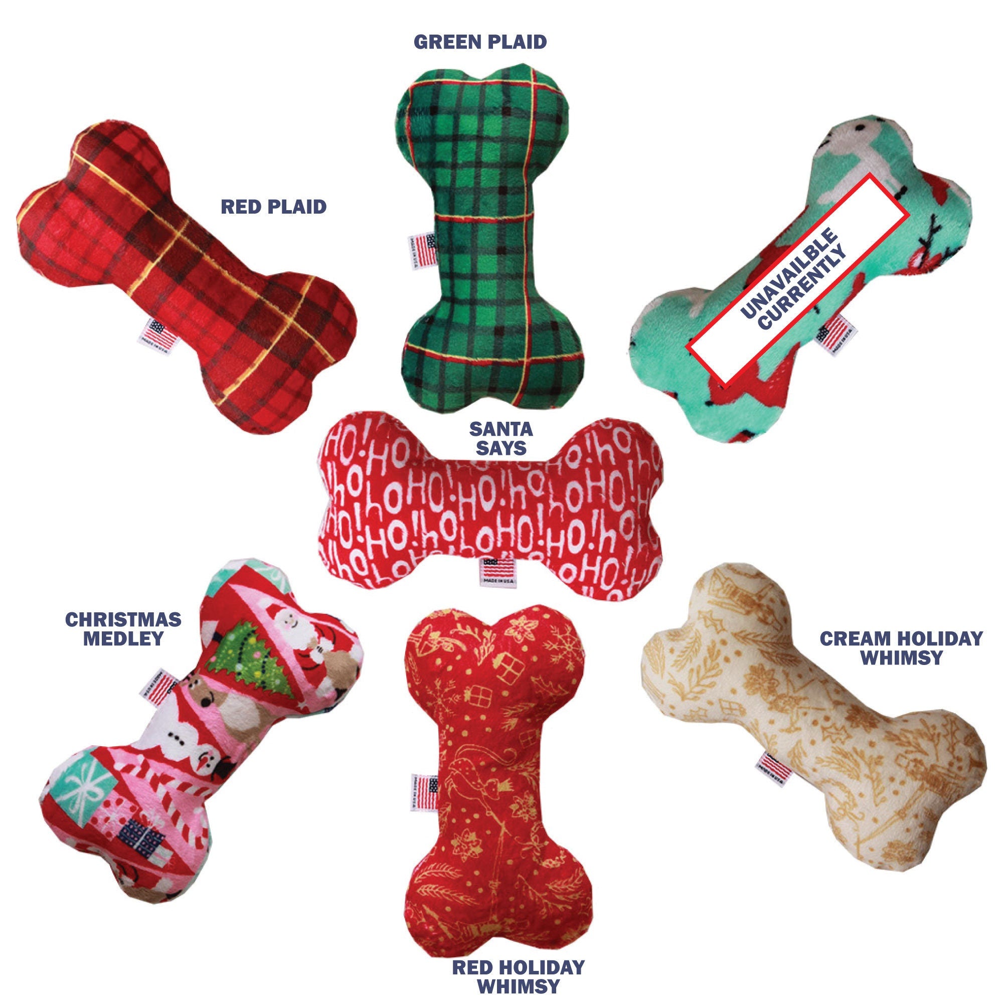 A soft and cuddly 6-inch plush bone toy for dogs, featuring festive patterns from the Happy Holidays Group, perfect for playtime and cuddling.