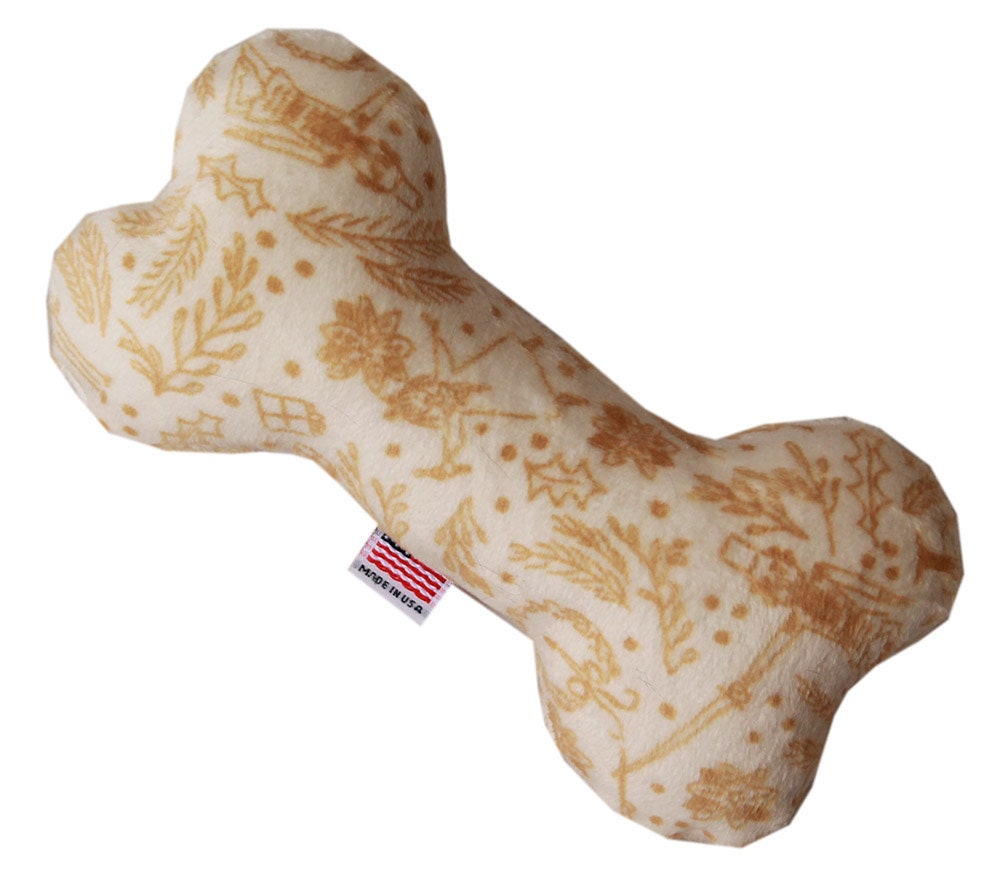 A soft and cuddly 6-inch plush bone toy for dogs, featuring festive patterns from the Happy Holidays Group, perfect for playtime and cuddling.