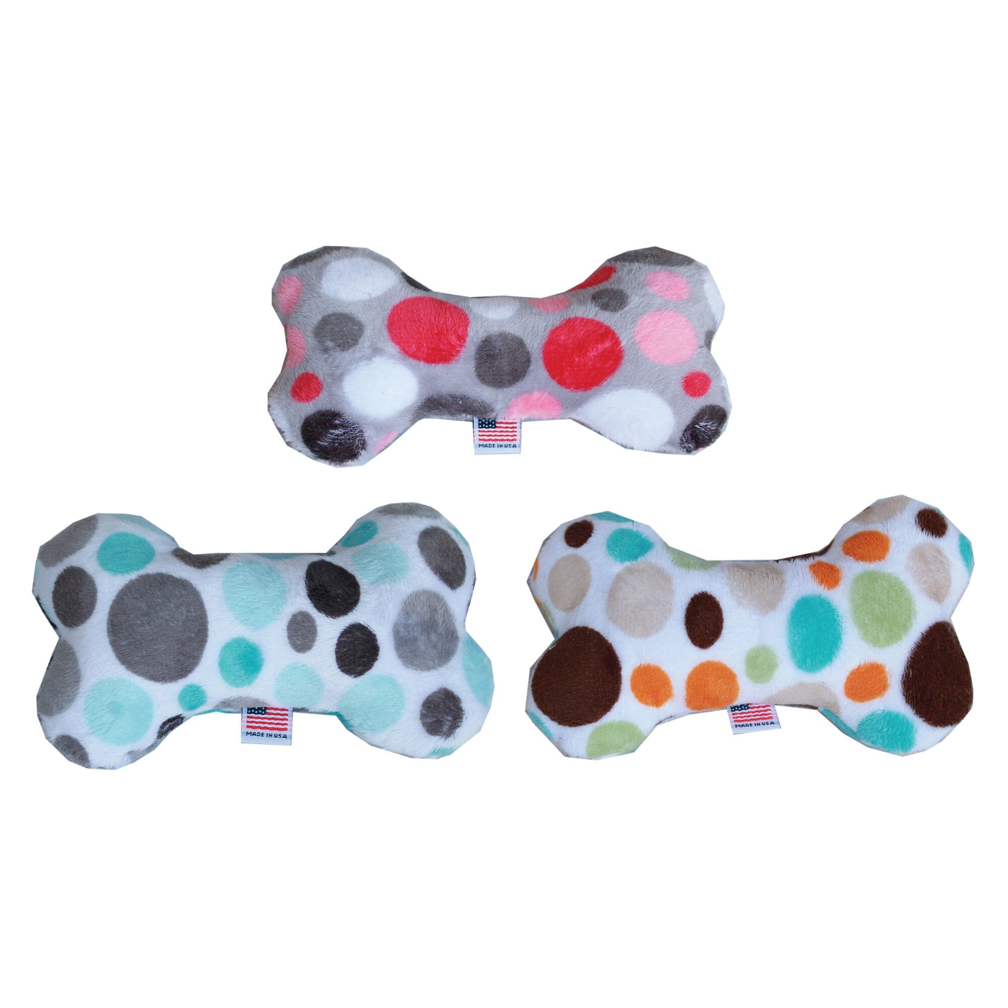 A colorful 6-inch plush bone toy for dogs, featuring a soft texture and a squeaker, available in three vibrant color options.