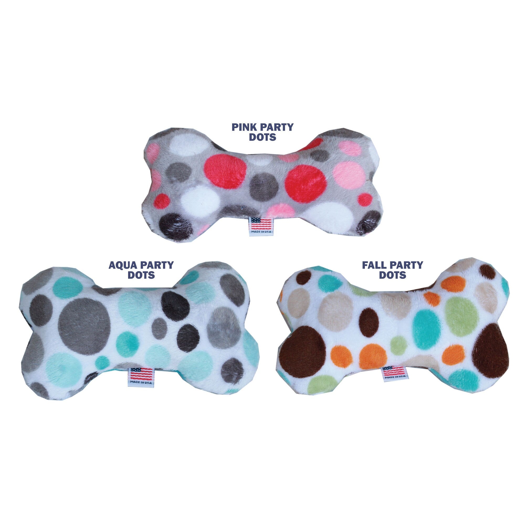 A colorful 6-inch plush bone toy for dogs, featuring a soft texture and a squeaker, available in three vibrant color options.
