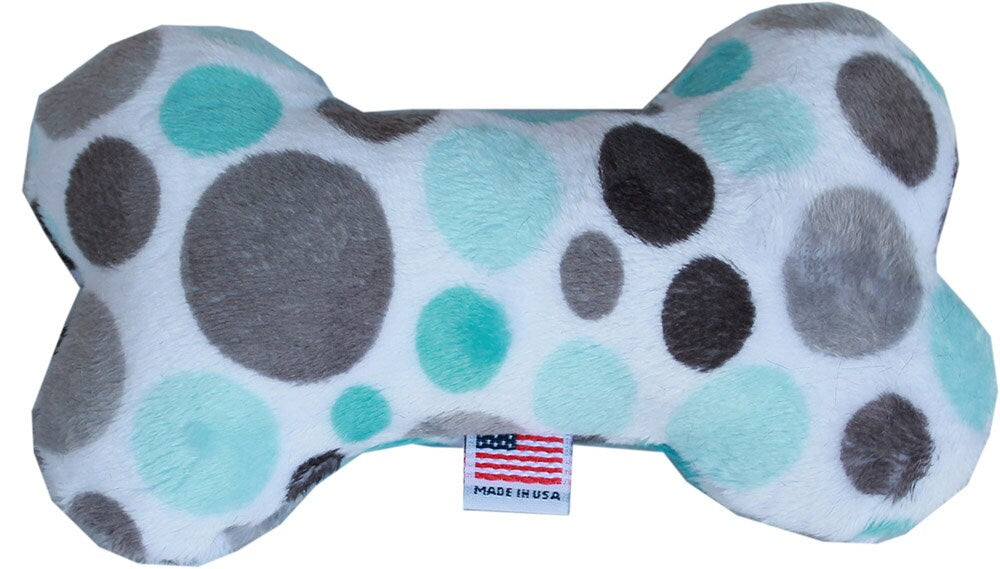 A colorful 6-inch plush bone toy for dogs, featuring a soft texture and a squeaker, available in three vibrant color options.