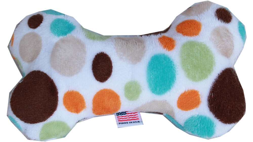A colorful 6-inch plush bone toy for dogs, featuring a soft texture and a squeaker, available in three vibrant color options.