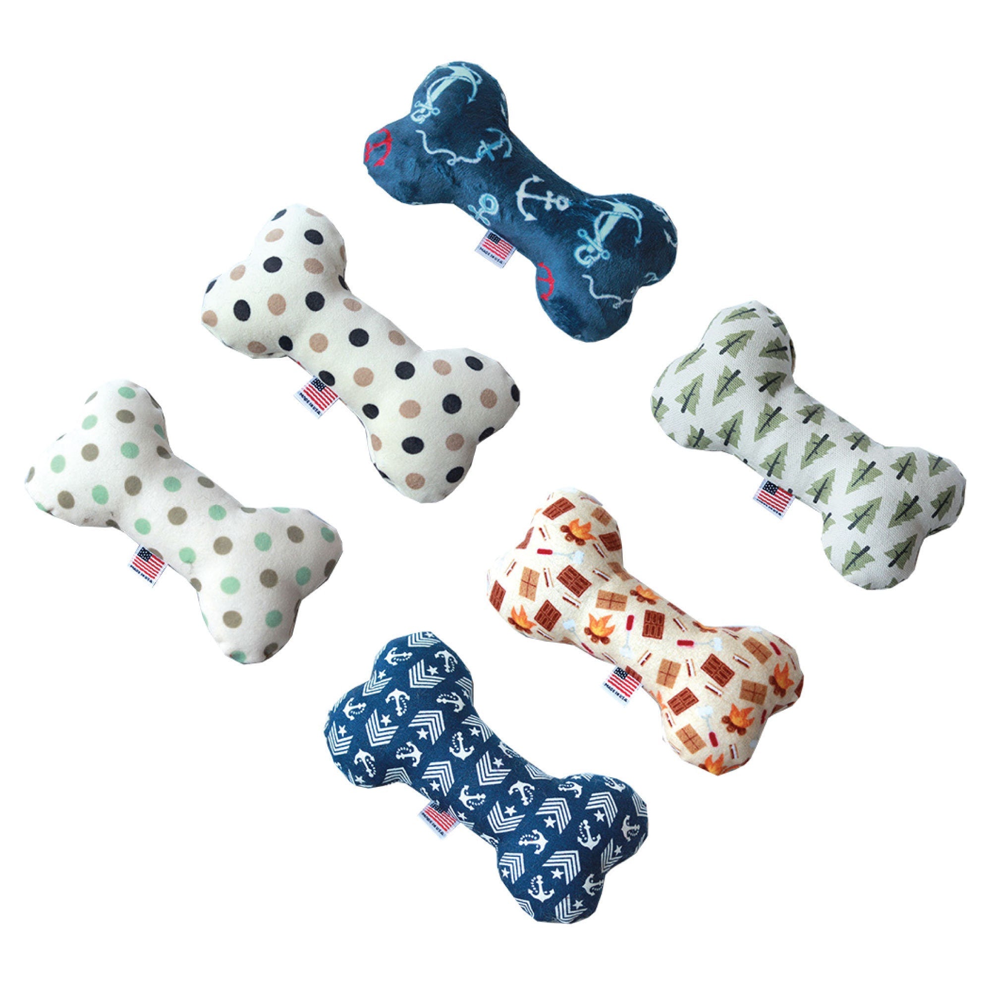 A 6-inch plush bone toy for dogs, featuring a soft texture and available in various colorful patterns, designed for safe play.