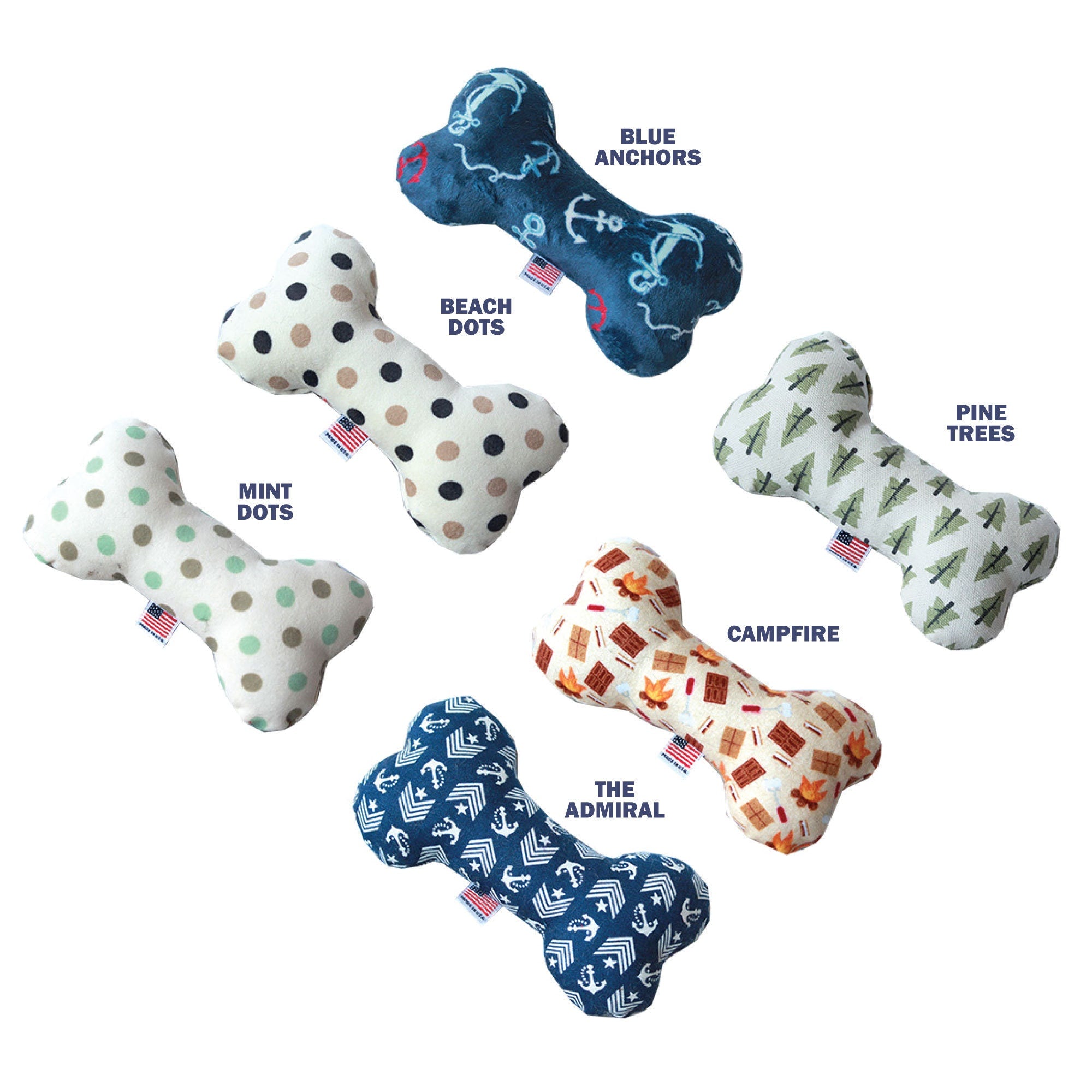 A 6-inch plush bone toy for dogs, featuring a soft texture and available in various colorful patterns, designed for safe play.