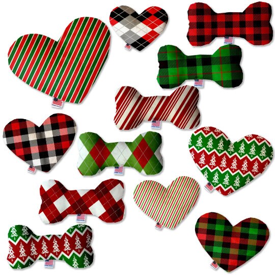 A collection of plush heart and bone toys for pets, featuring festive Christmas patterns, available in various sizes.