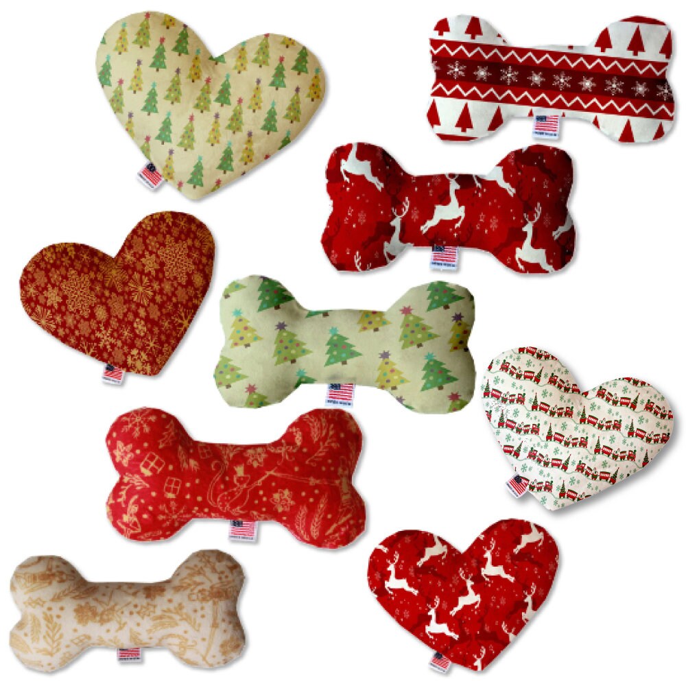 A plush heart and bone toy for dogs, featuring soft fabric and vibrant patterns, perfect for playtime and cuddling.