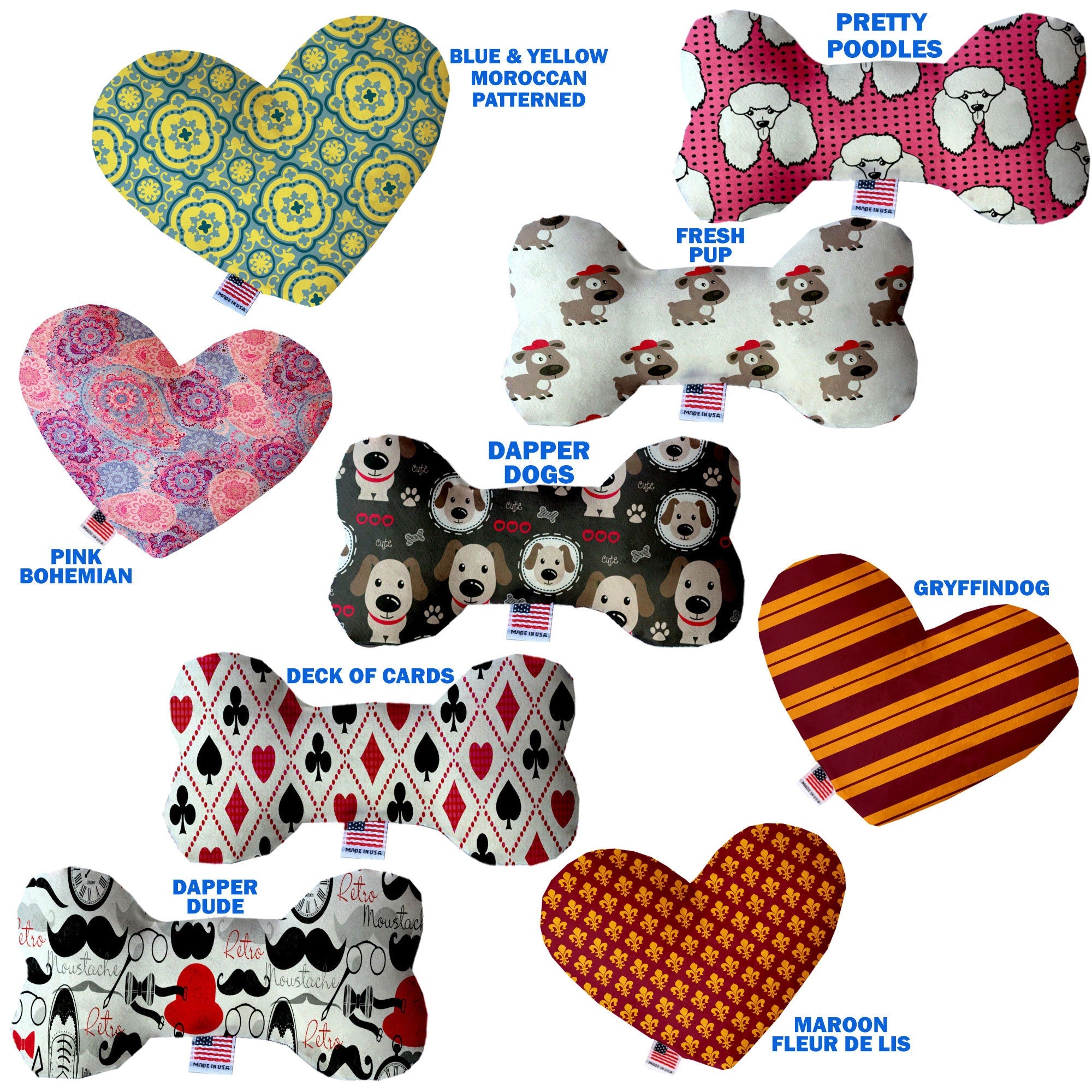 A collection of Dapper Dogs Group plush heart and bone toys in various sizes and patterns, showcasing their soft texture and vibrant colors.
