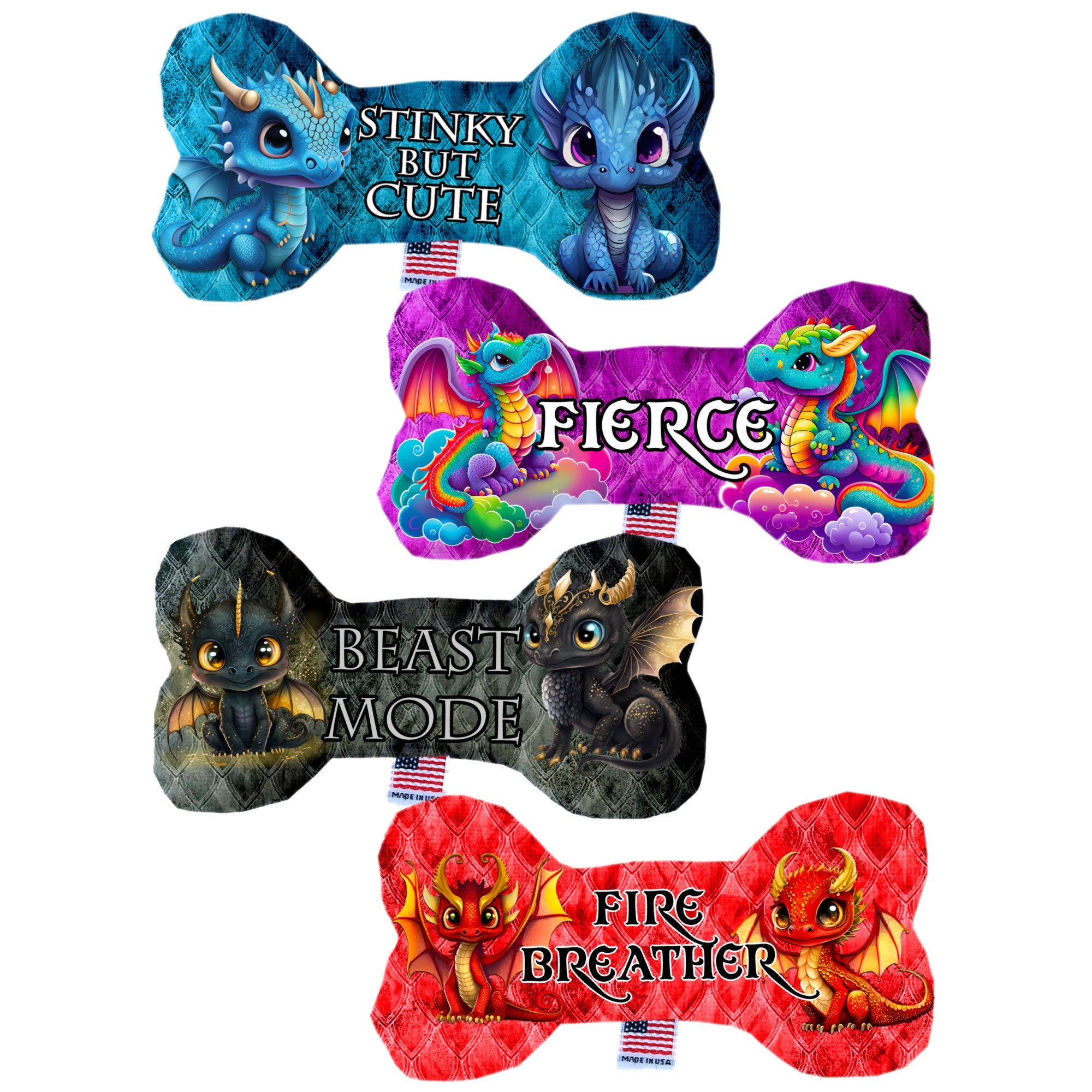 Handmade plush heart and bone toys for dogs, featuring soft fabric and squeakers, available in various sizes and patterns.