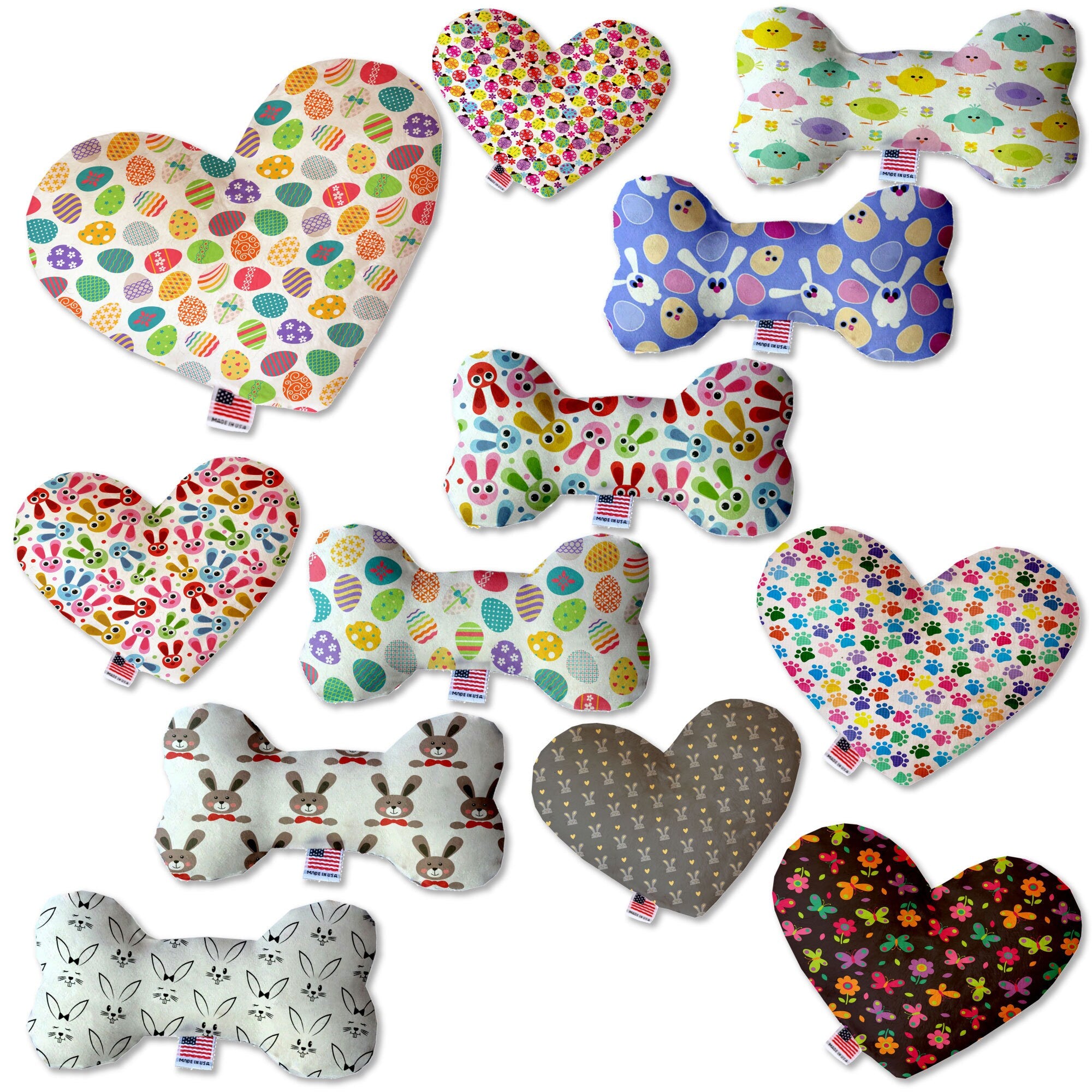 A colorful assortment of plush heart and bone toys for pets, featuring various patterns and sizes, perfect for dogs to play and cuddle with.