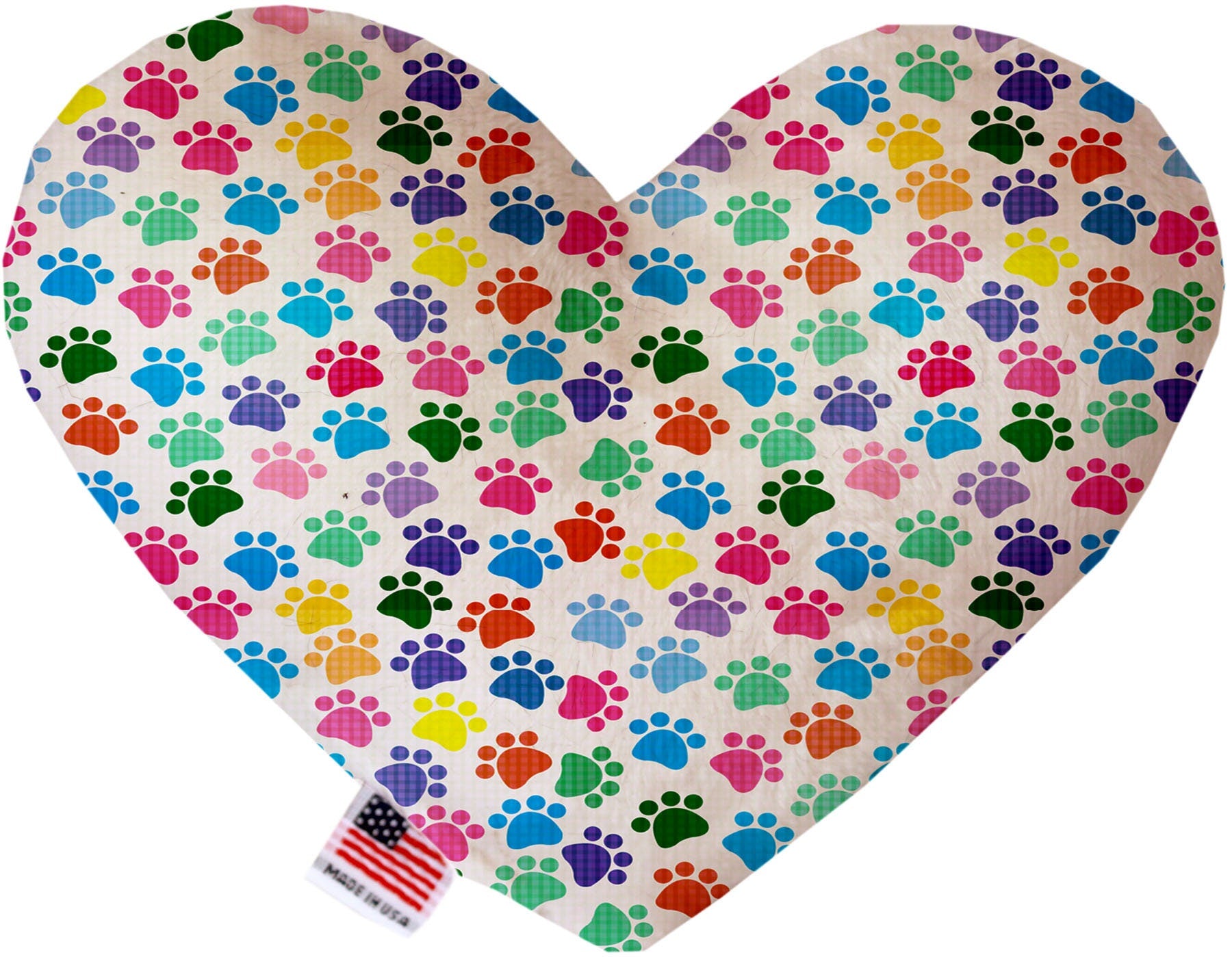 A colorful assortment of plush heart and bone toys for pets, featuring various patterns and sizes, perfect for dogs to play and cuddle with.