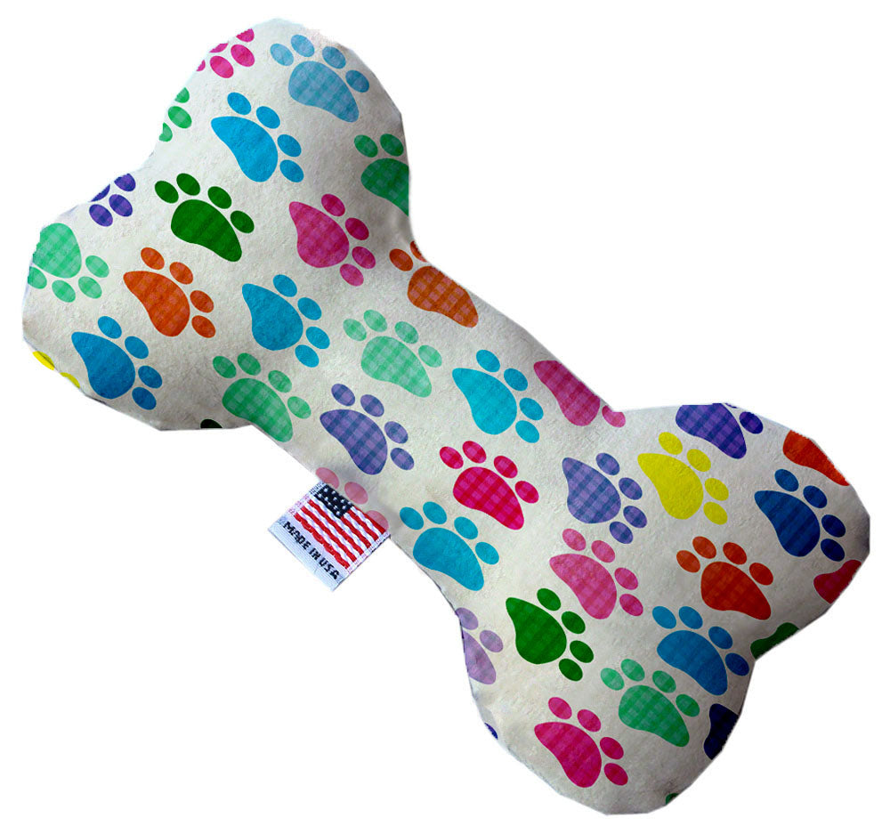 A colorful assortment of plush heart and bone toys for pets, featuring various patterns and sizes, perfect for dogs to play and cuddle with.