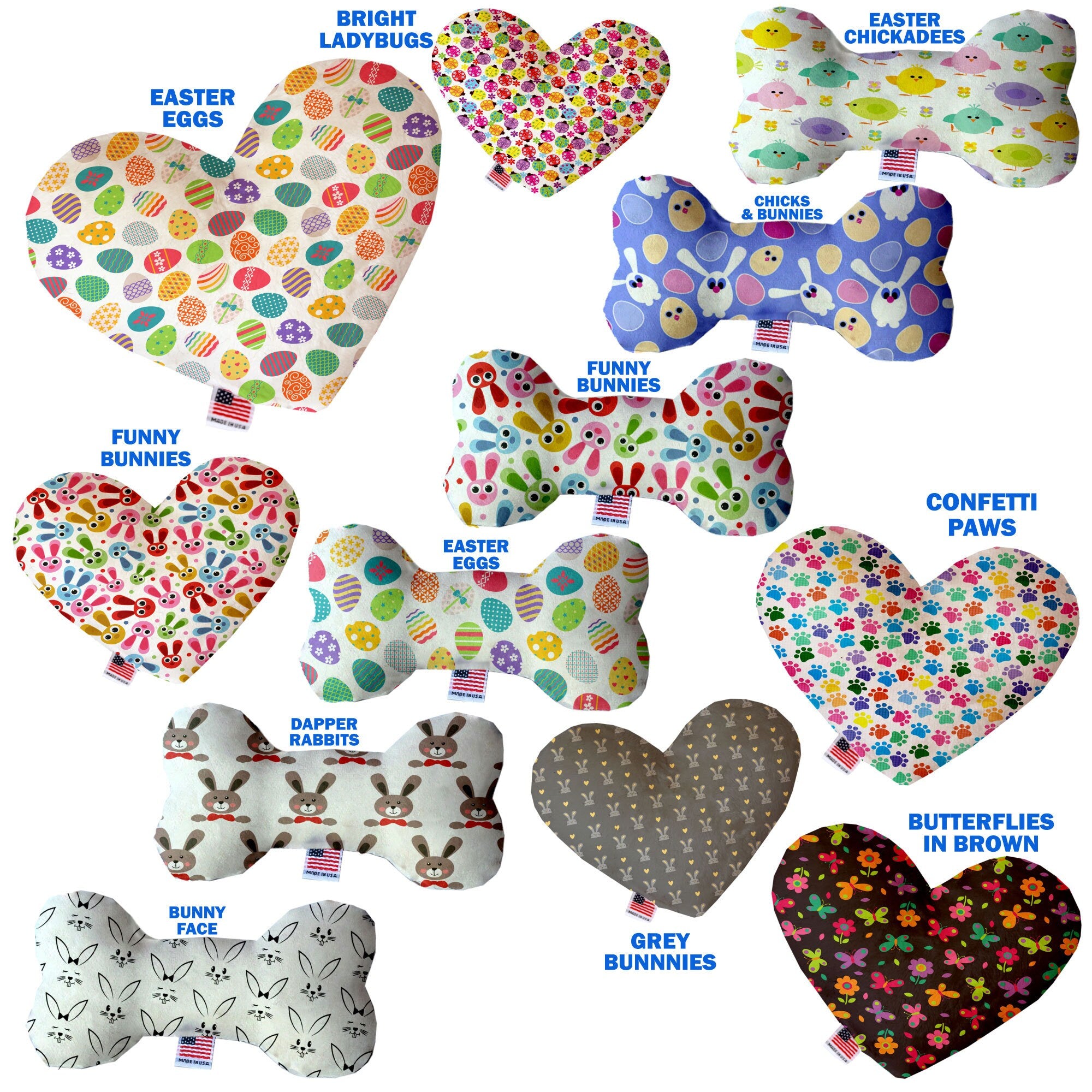 A colorful assortment of plush heart and bone toys for pets, featuring various patterns and sizes, perfect for dogs to play and cuddle with.