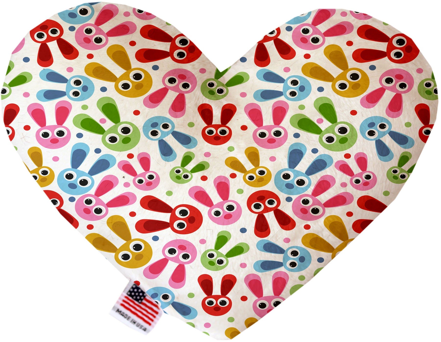A colorful assortment of plush heart and bone toys for pets, featuring various patterns and sizes, perfect for dogs to play and cuddle with.
