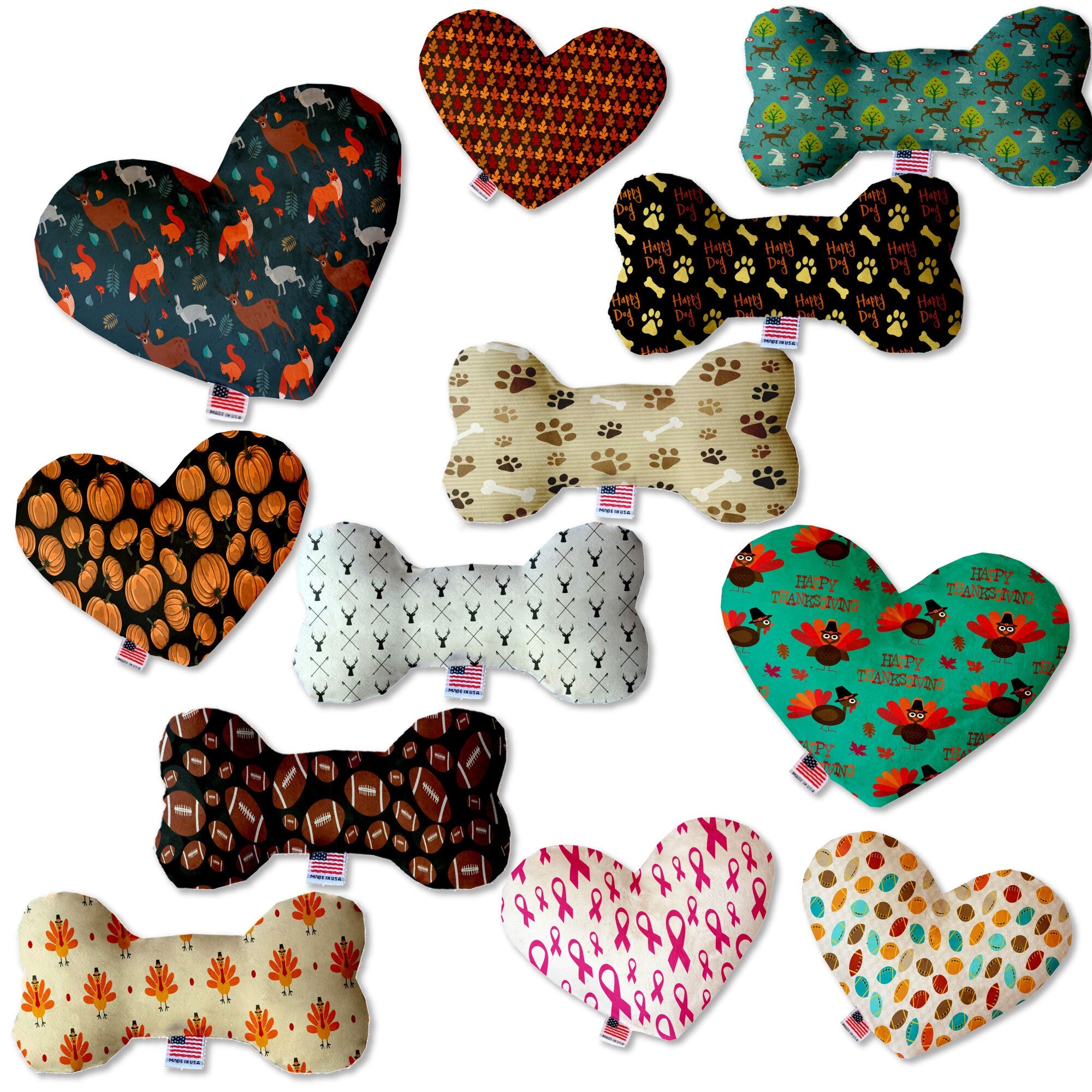 Handmade plush heart and bone toys for pets, featuring various patterns and sizes, perfect for dogs to play and cuddle with.