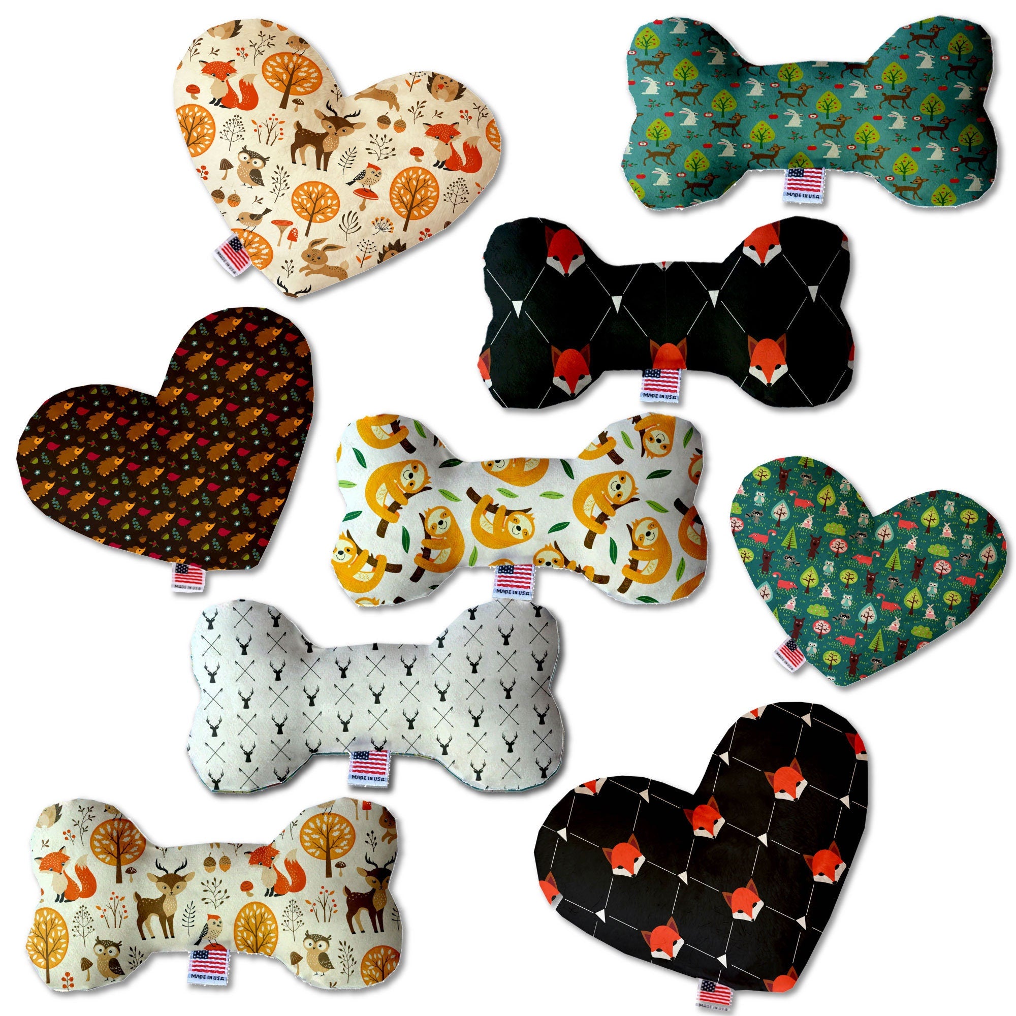 A collection of plush heart and bone toys for pets, featuring various patterns and sizes, designed for dogs and cats.