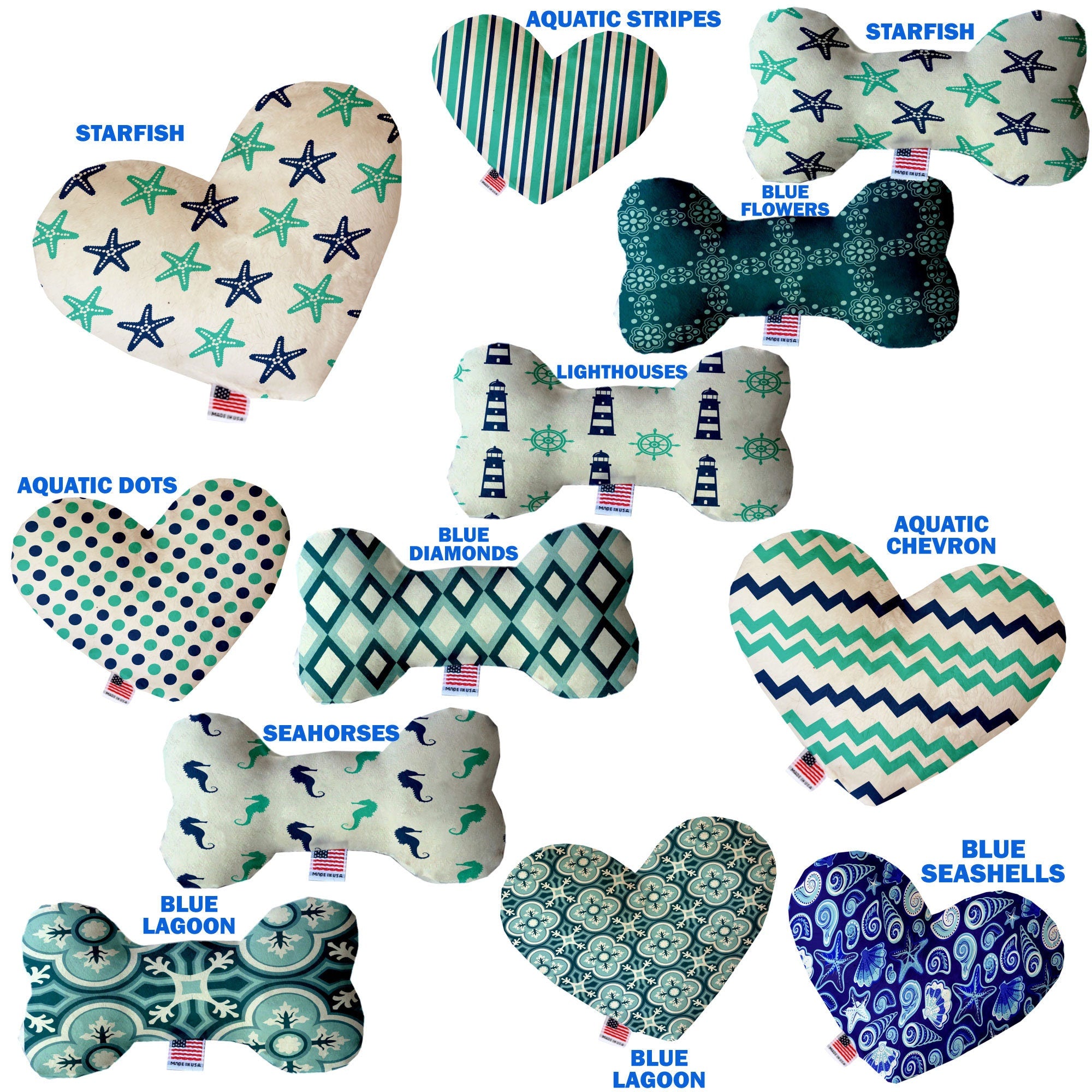 A plush heart and bone toy for dogs, featuring soft fabric and vibrant nautical patterns, designed for safe play and cuddling.