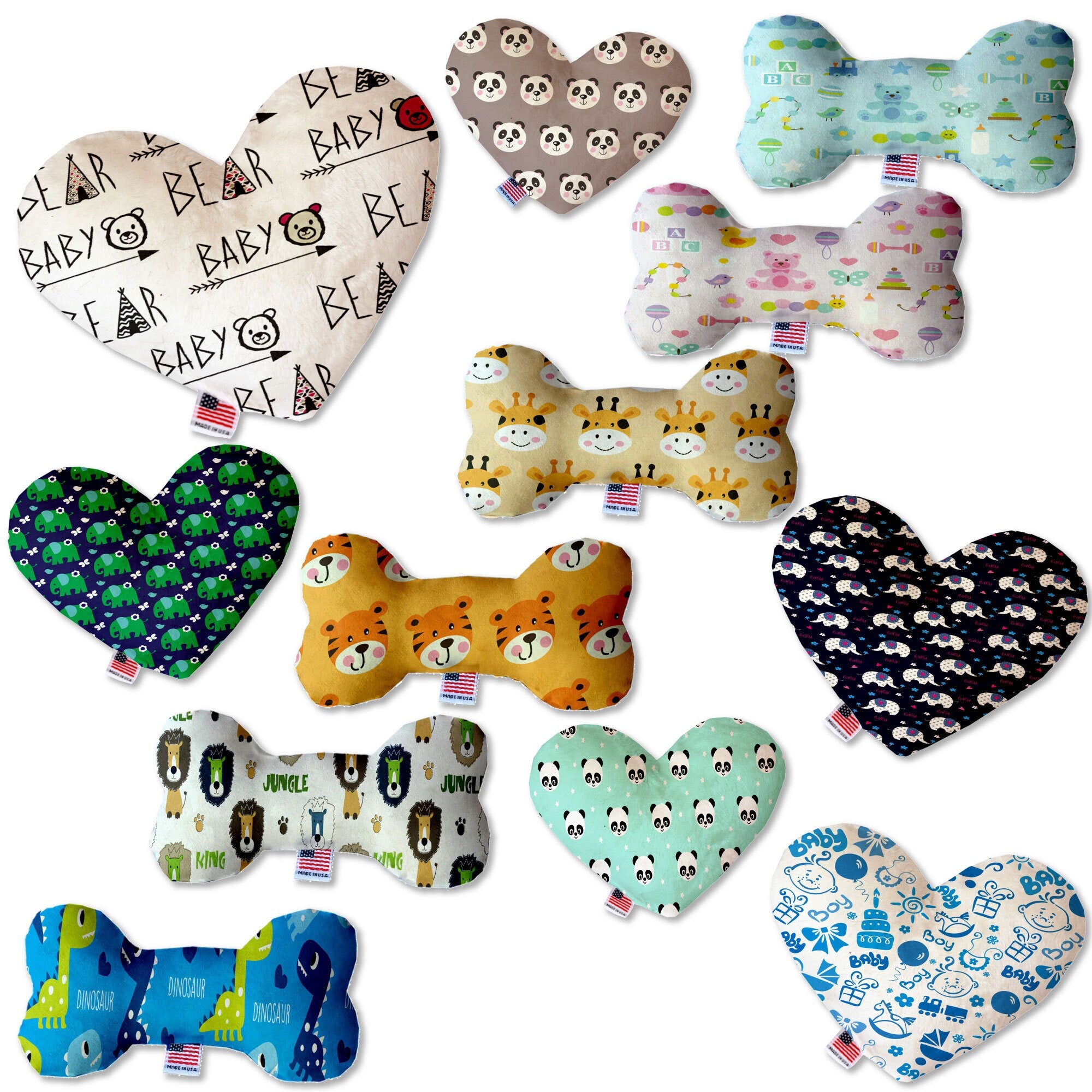 A plush heart and bone toy for dogs, handmade in the USA, featuring soft fabric and squeakers, available in various sizes and patterns.
