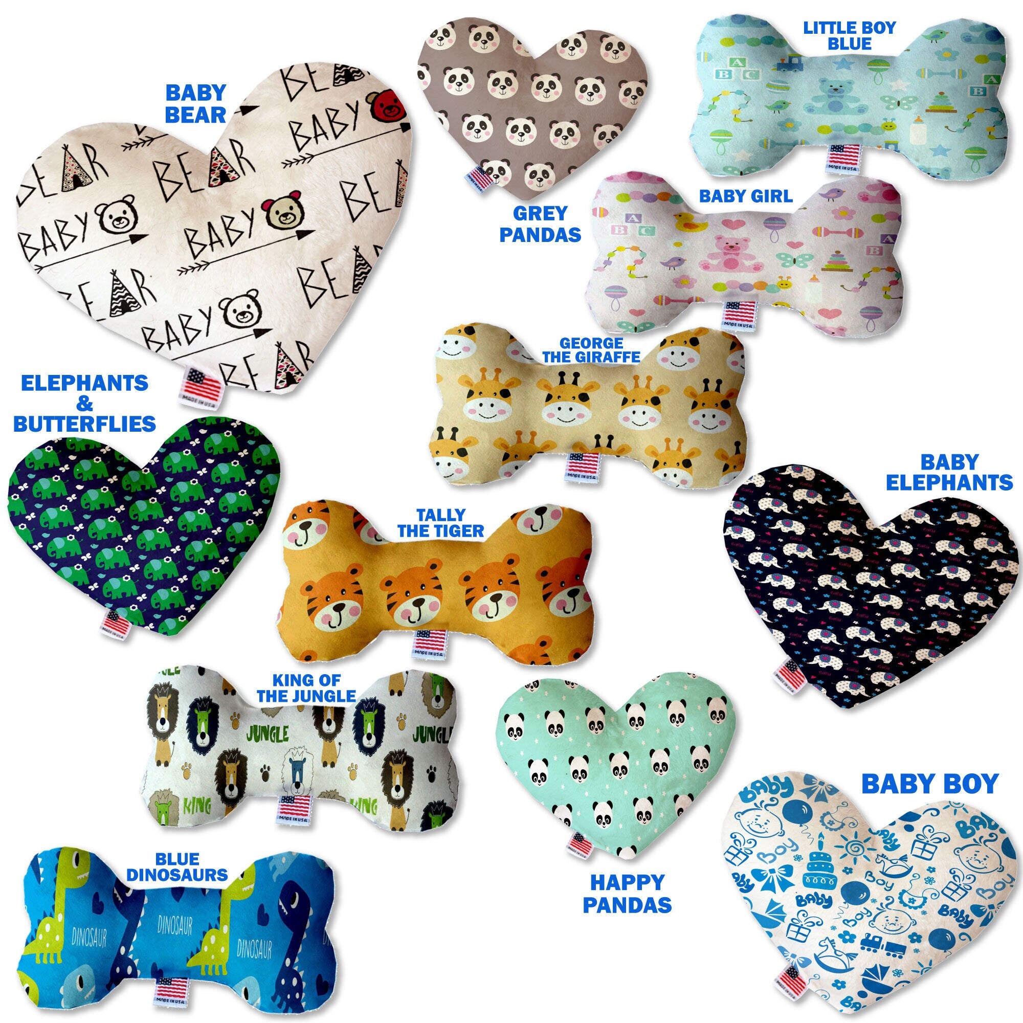 A plush heart and bone toy for dogs, handmade in the USA, featuring soft fabric and squeakers, available in various sizes and patterns.