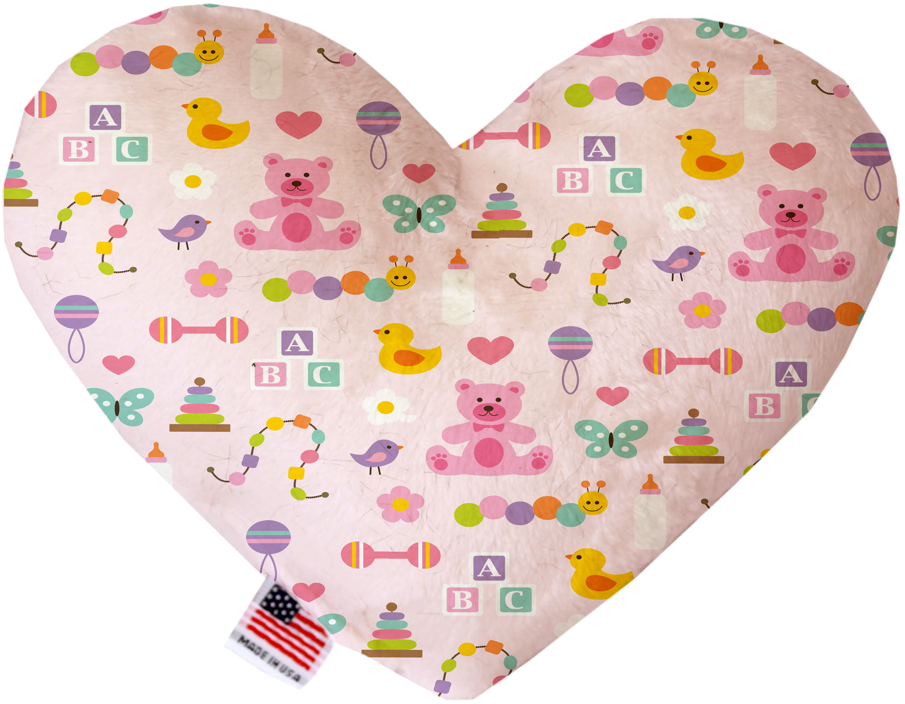 A plush heart and bone toy for dogs, handmade in the USA, featuring soft fabric and squeakers, available in various sizes and patterns.