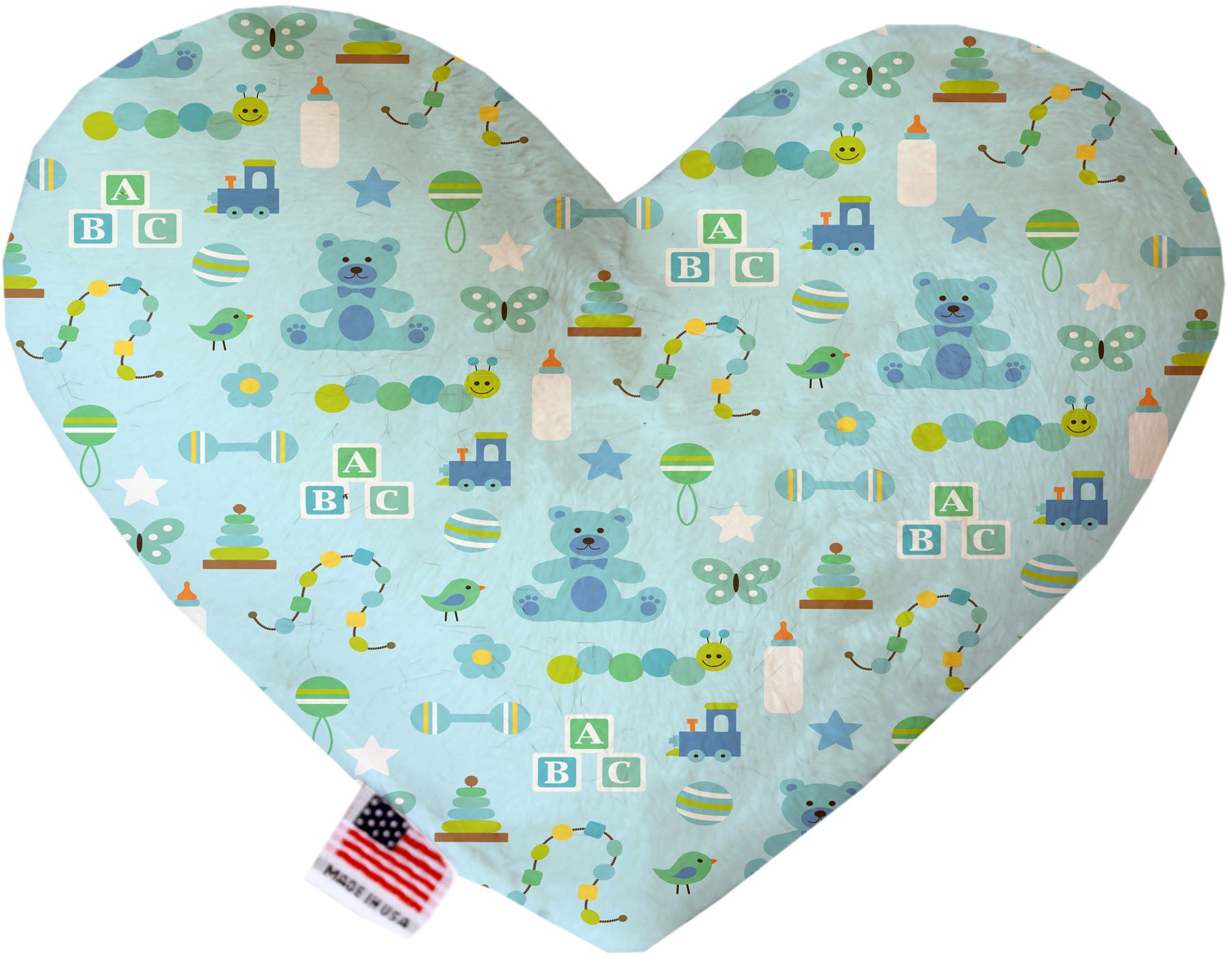 A plush heart and bone toy for dogs, handmade in the USA, featuring soft fabric and squeakers, available in various sizes and patterns.