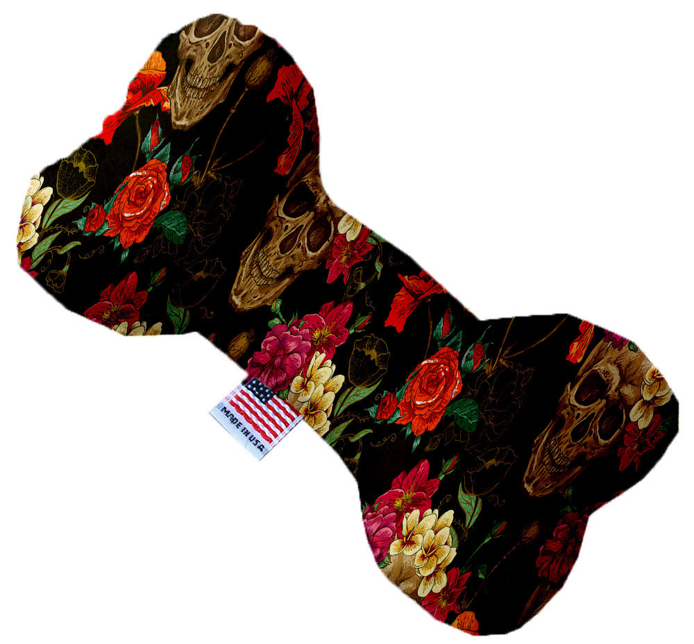 A plush heart and bone toy for dogs featuring a skull pattern, available in various sizes and colors, made from soft, safe materials.
