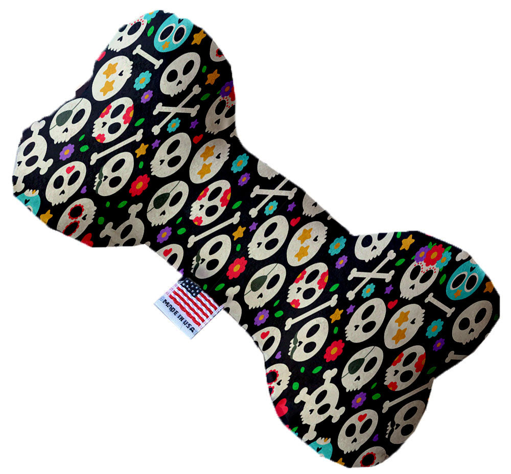 A plush heart and bone toy for dogs featuring a skull pattern, available in various sizes and colors, made from soft, safe materials.