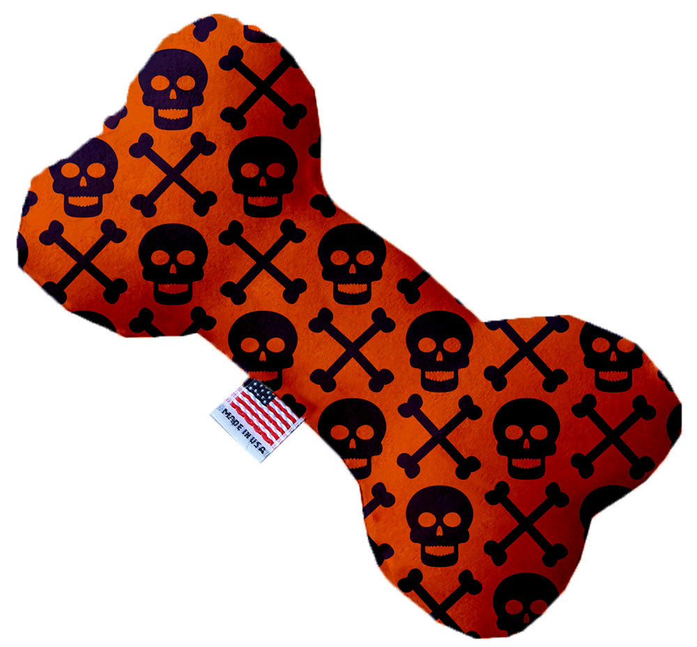 A plush heart and bone toy for dogs featuring a skull pattern, available in various sizes and colors, made from soft, safe materials.