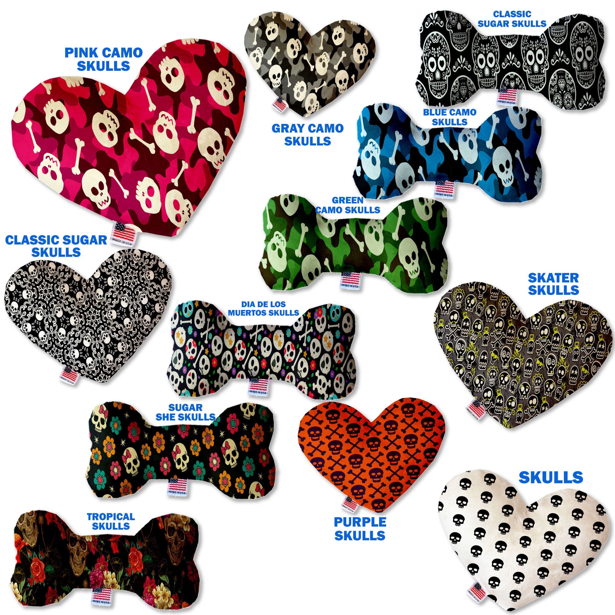 A plush heart and bone toy for dogs featuring a skull pattern, available in various sizes and colors, made from soft, safe materials.
