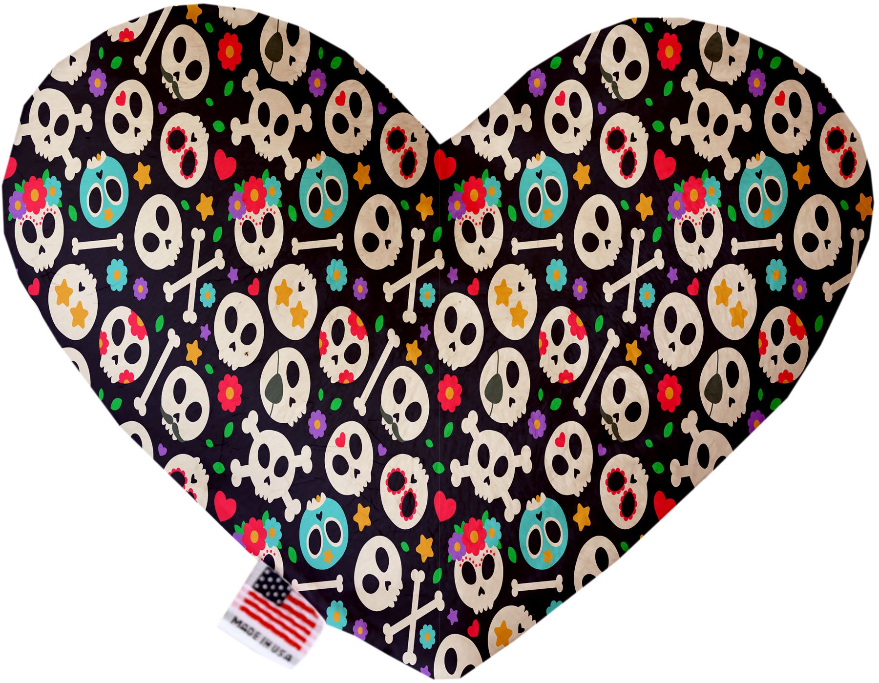 A plush heart and bone toy for dogs featuring a skull pattern, available in various sizes and colors, made from soft, safe materials.