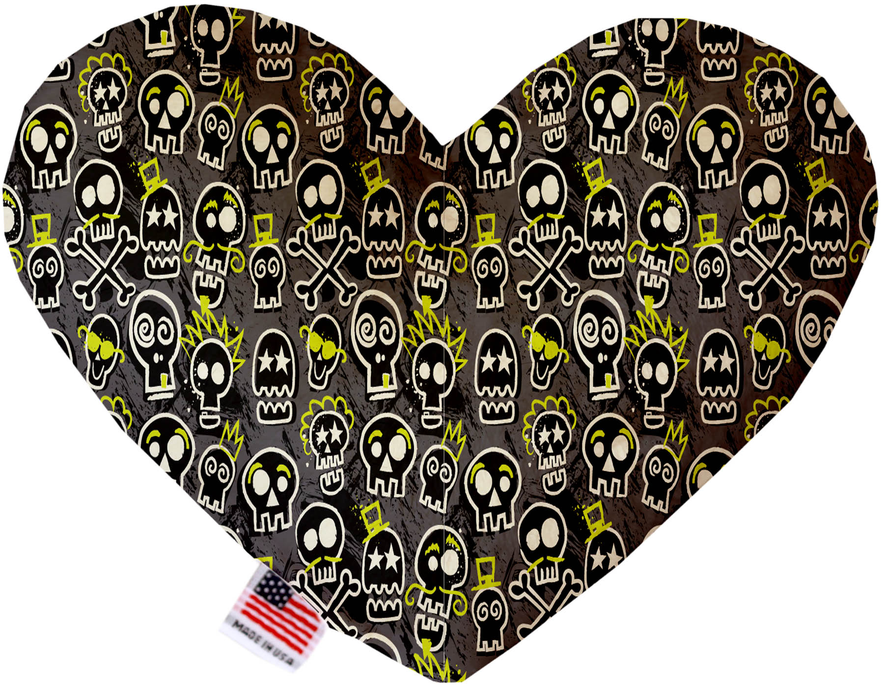 A plush heart and bone toy for dogs featuring a skull pattern, available in various sizes and colors, made from soft, safe materials.