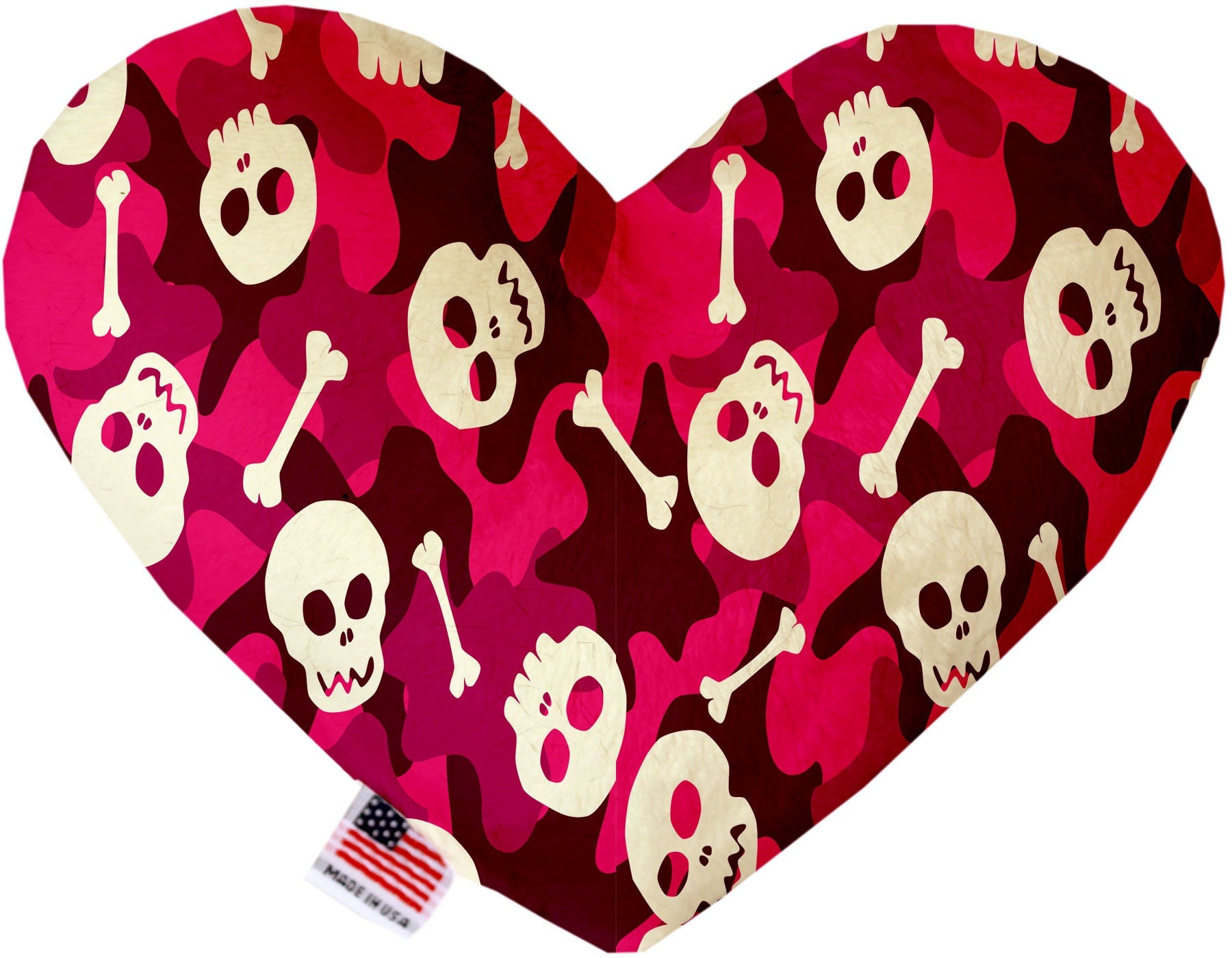 A plush heart and bone toy for dogs featuring a skull pattern, available in various sizes and colors, made from soft, safe materials.
