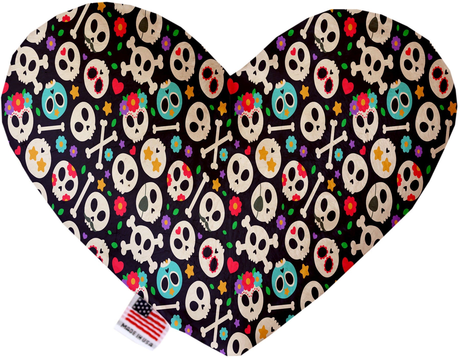 A plush heart and bone toy for dogs featuring a skull pattern, available in various sizes and colors, made from soft, safe materials.