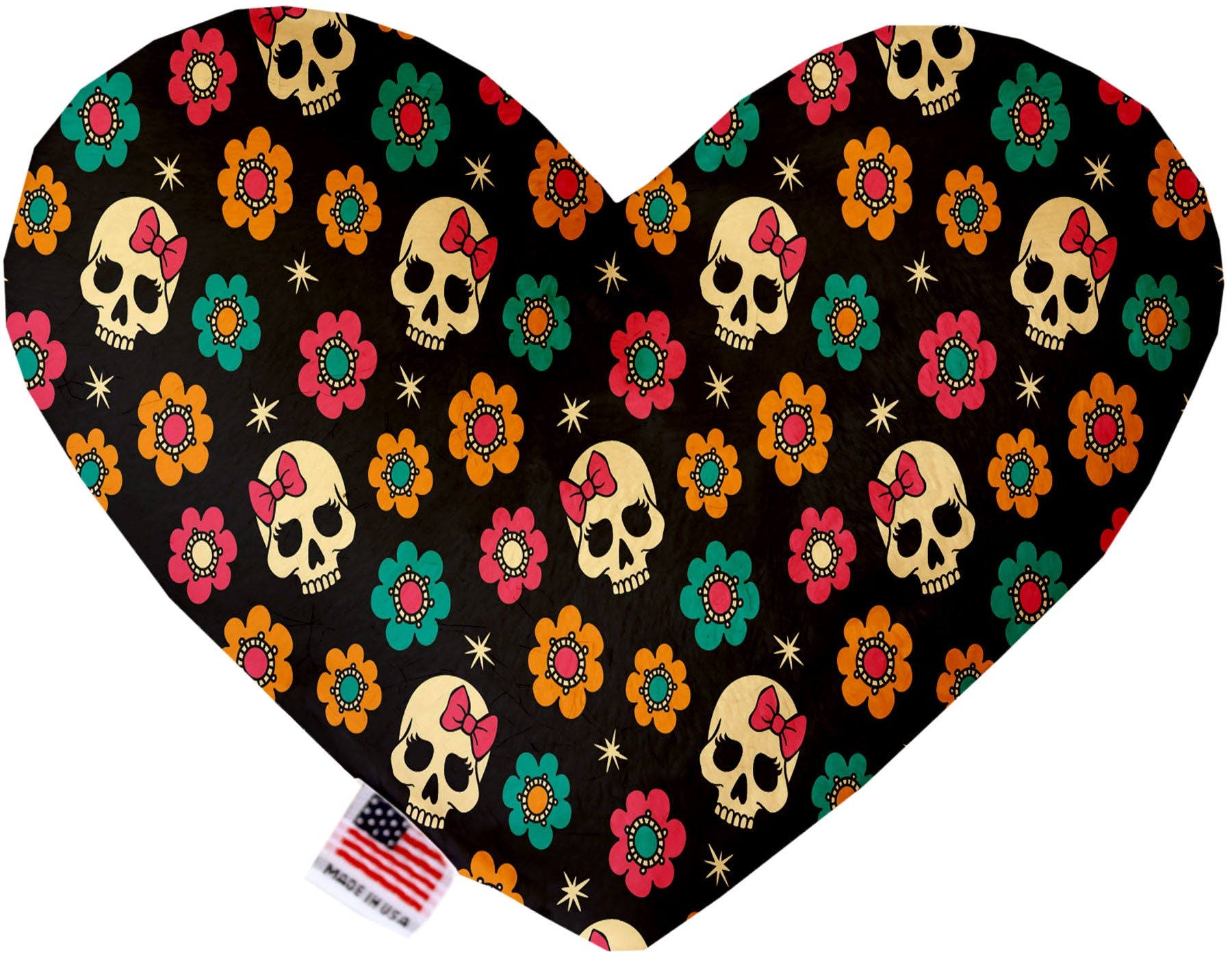 A plush heart and bone toy for dogs featuring a skull pattern, available in various sizes and colors, made from soft, safe materials.
