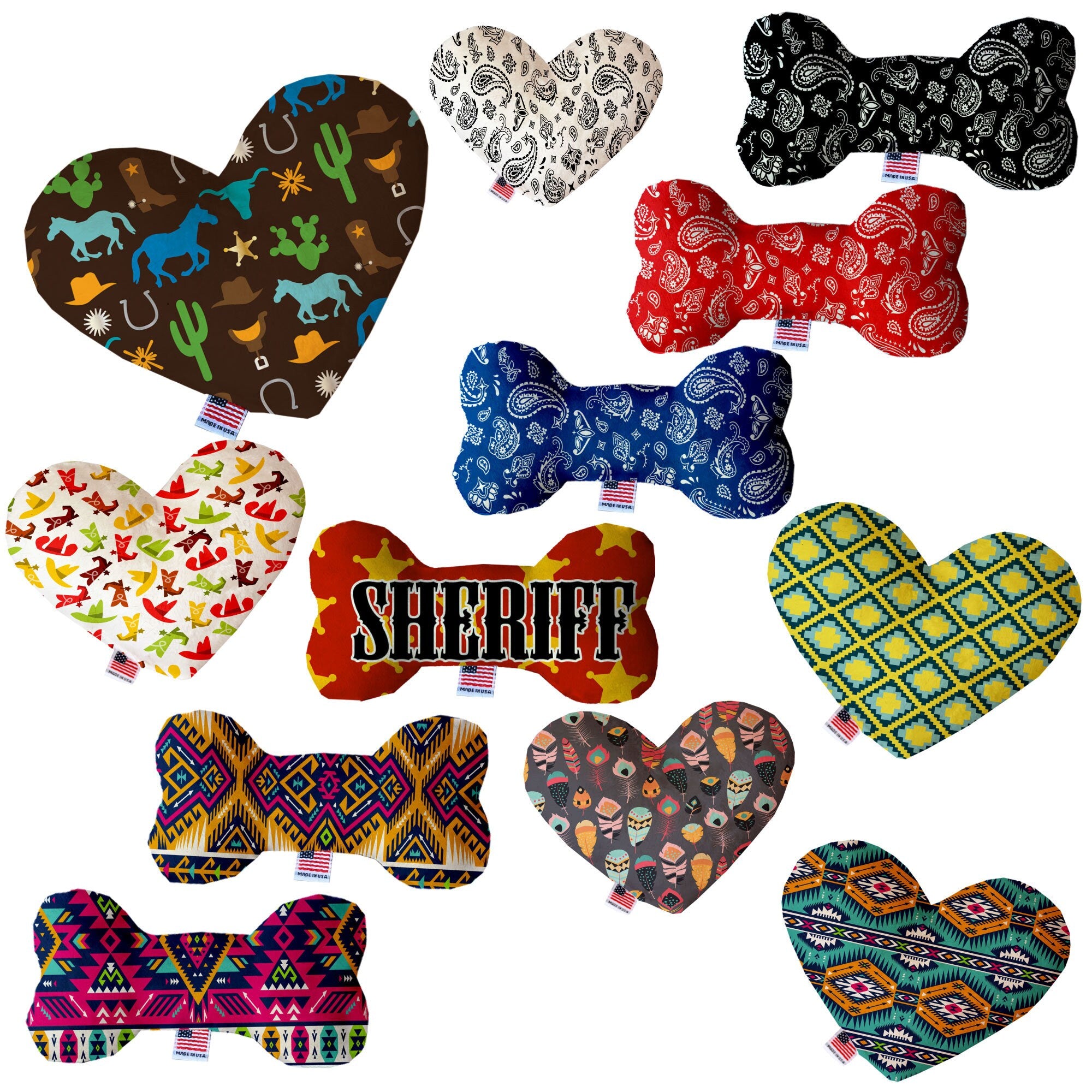 Handmade plush heart and bone dog toys in various sizes and patterns, featuring squeakers for interactive play.