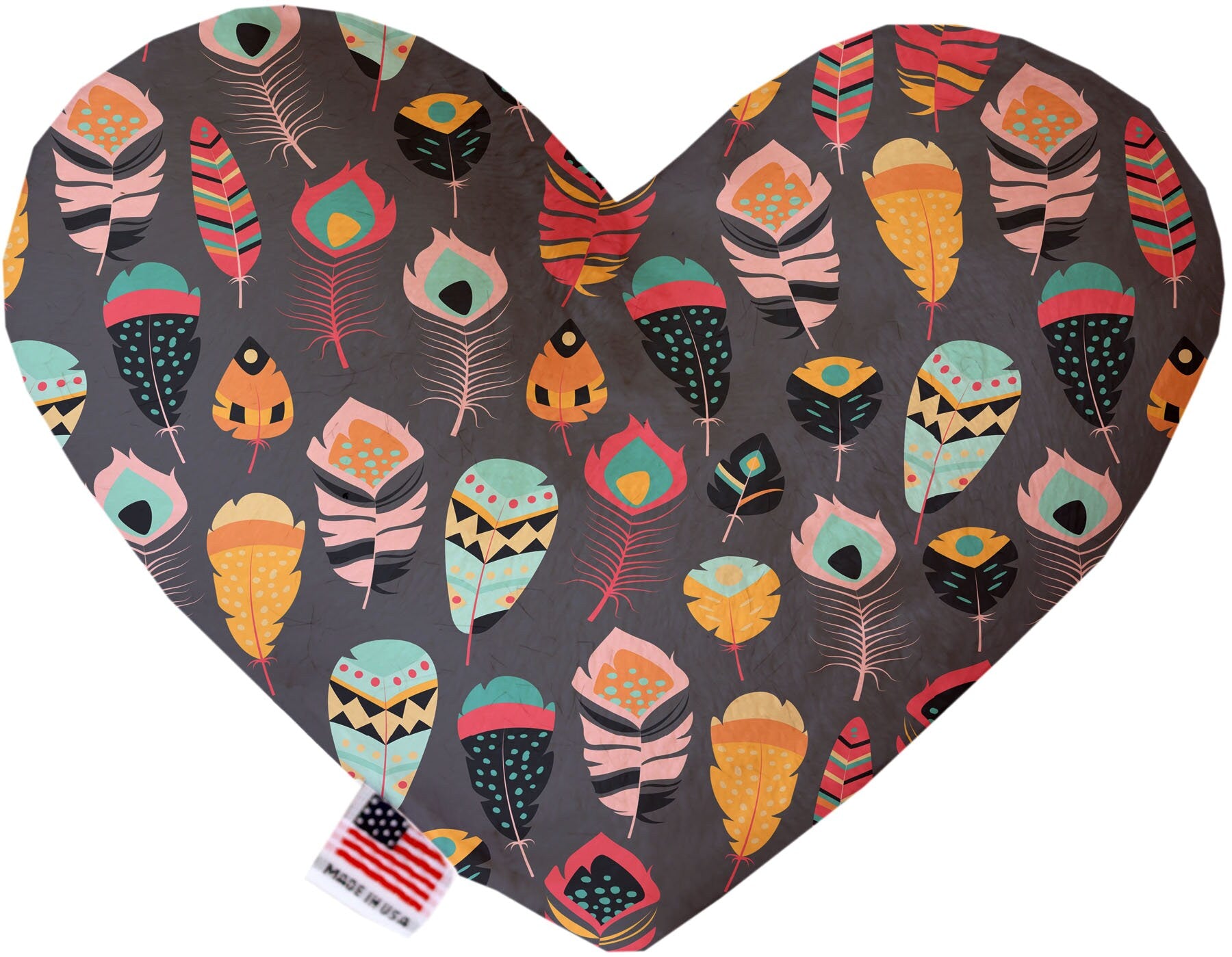 Handmade plush heart and bone dog toys in various sizes and patterns, featuring squeakers for interactive play.