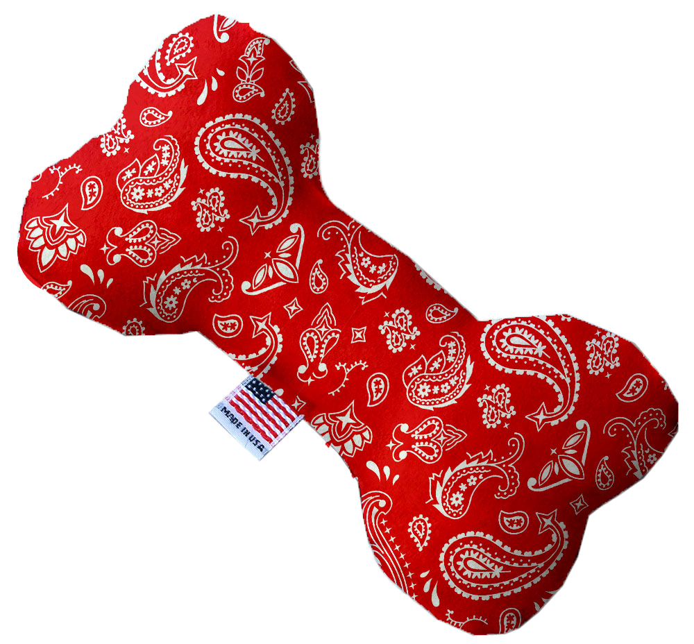 Handmade plush heart and bone dog toys in various sizes and patterns, featuring squeakers for interactive play.