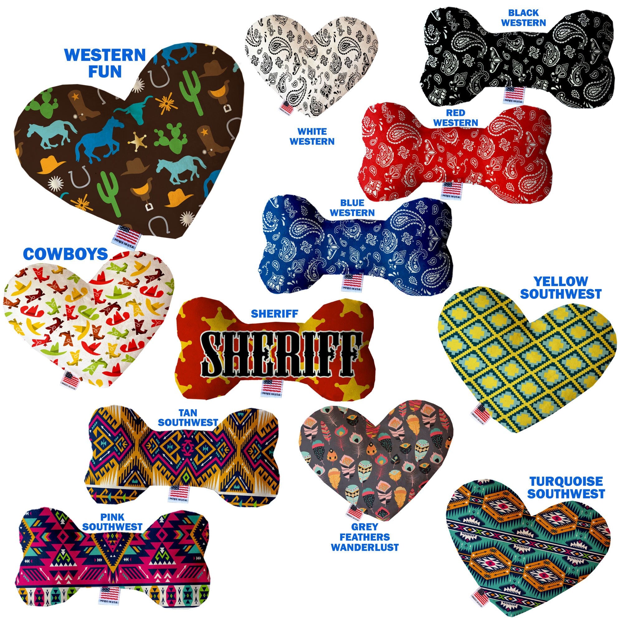 Handmade plush heart and bone dog toys in various sizes and patterns, featuring squeakers for interactive play.