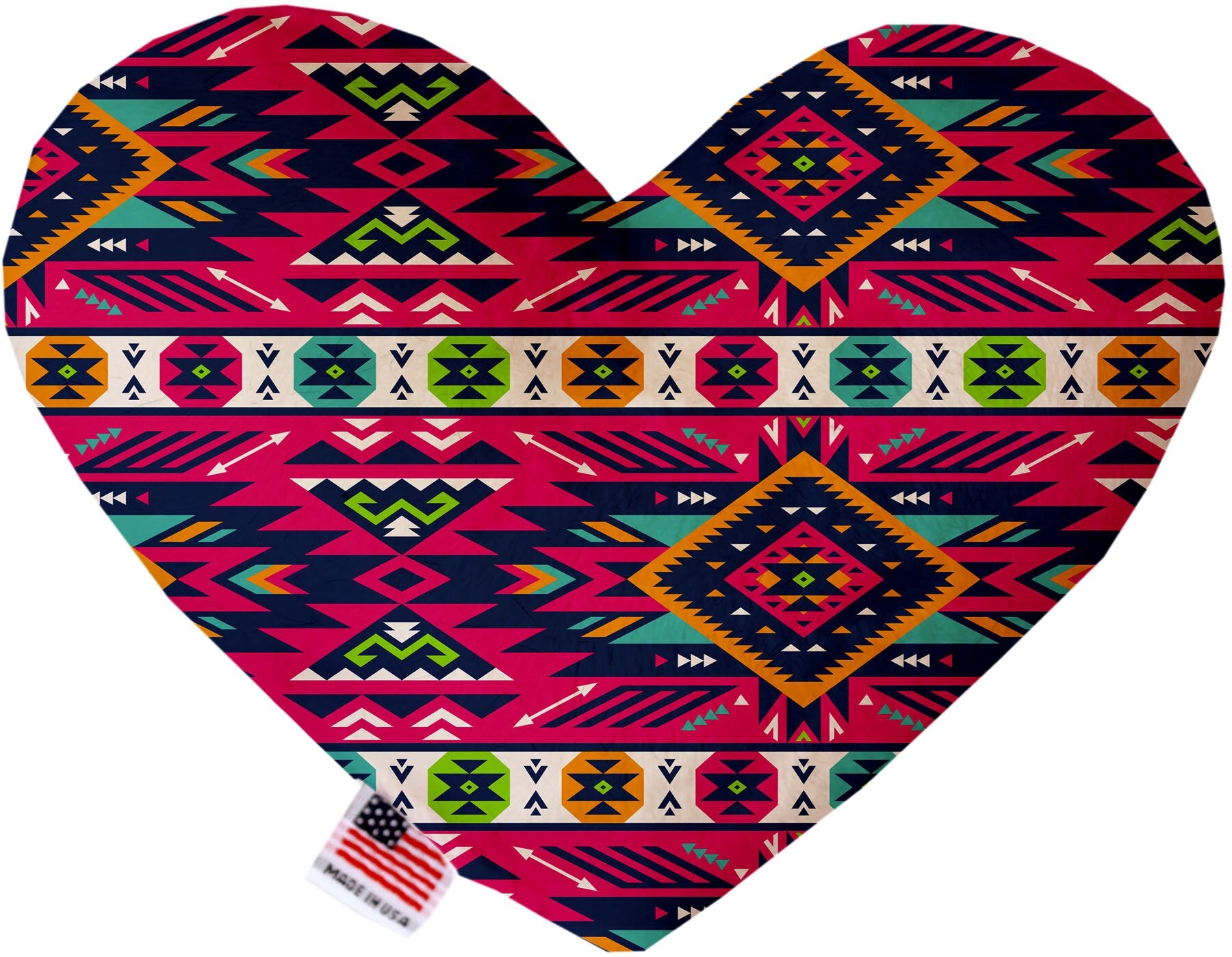 Handmade plush heart and bone dog toys in various sizes and patterns, featuring squeakers for interactive play.